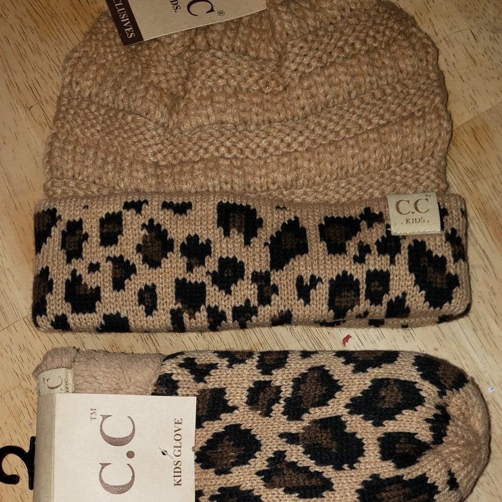 Beige with Leopard Cuff Beanie and Mitten Set